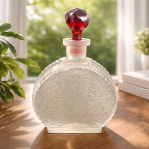 Vintage Frosted Glass Decanter Ruby Red Stopper Clear Art‎ Deco Style GOOD
